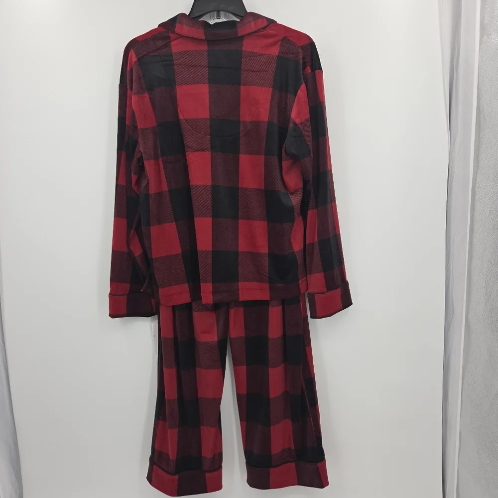 Donna Karan 2 Piece Pajamas Set  Womens Size XL Red Buffalo Plaid Velour Preppy